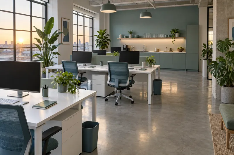 Aufgeräumtes Agenturbüro am Morgen mit freien, sauberen Arbeitsplätzen