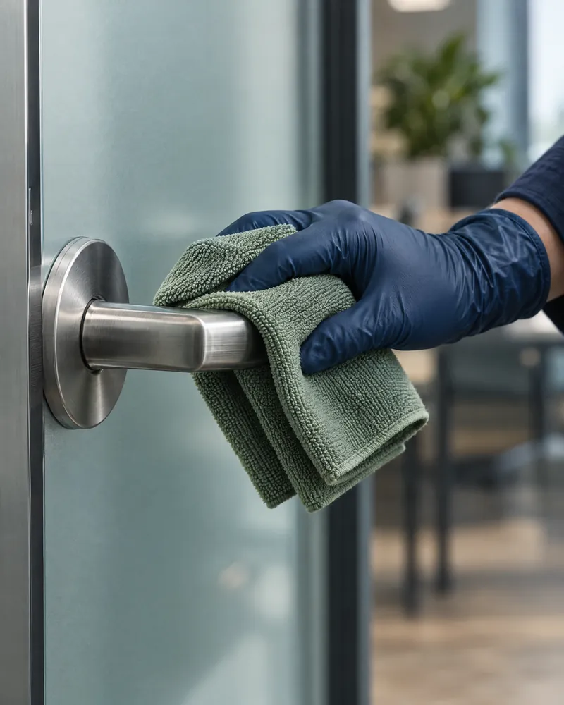 Hand im Handschuh reinigt eine Türklinke mit einem Mikrofasertuch