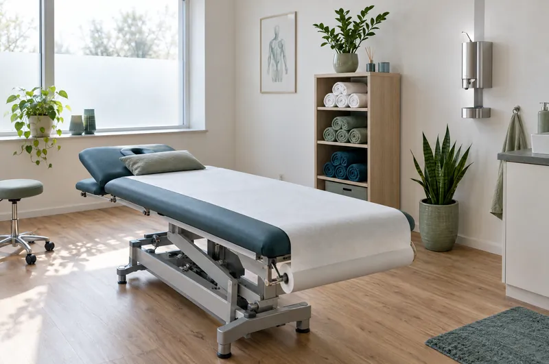 Gereinigter Behandlungsraum einer Physiotherapiepraxis mit Liege